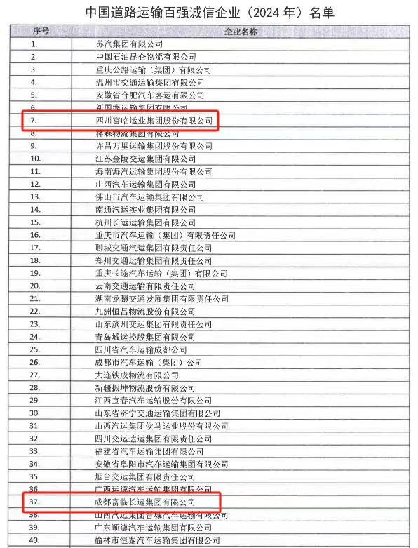 喜讯！南宫NG28国际运业新晋中国道路运输百强诚信企业（2024）十强榜单