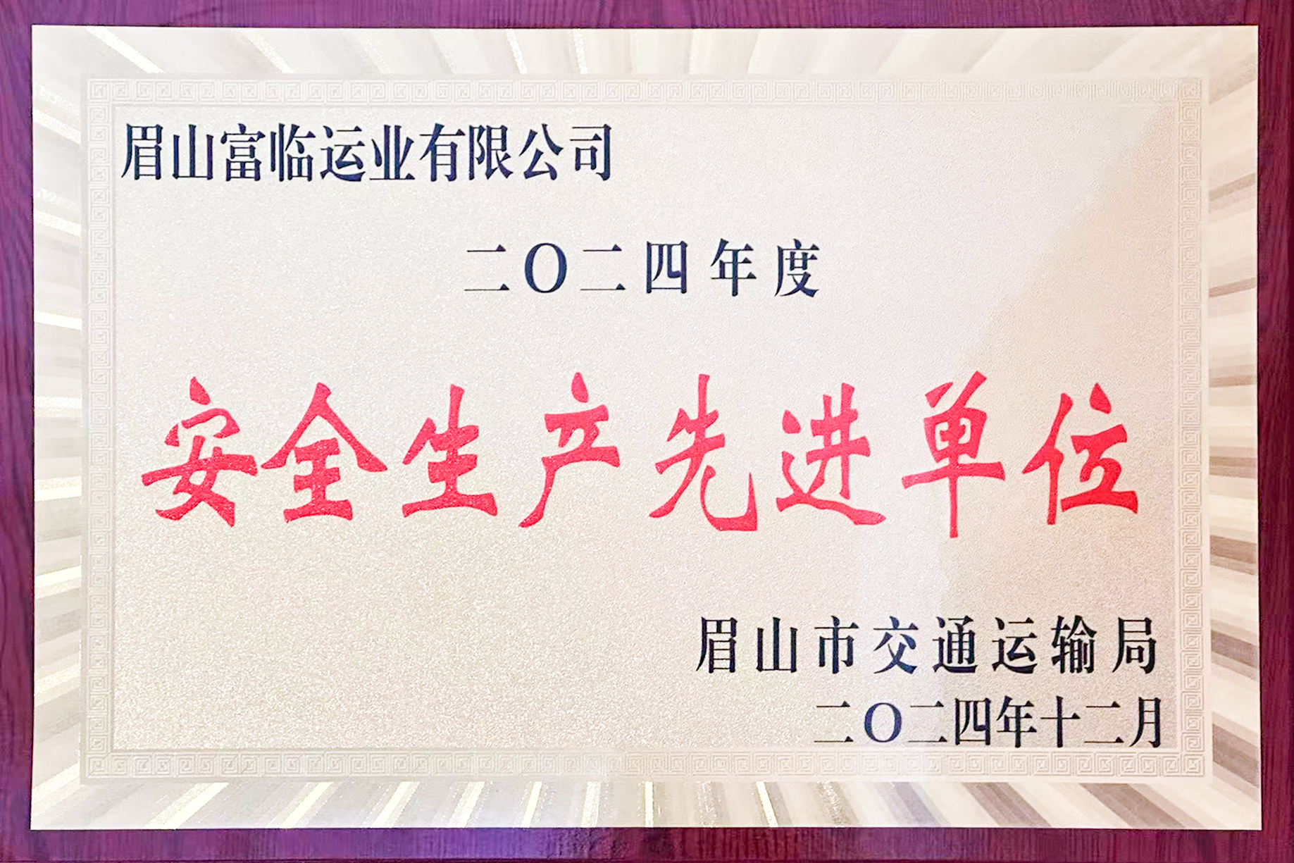 喜讯！南宫NG28国际眉山运业获评眉山市“安全生产先进单位”